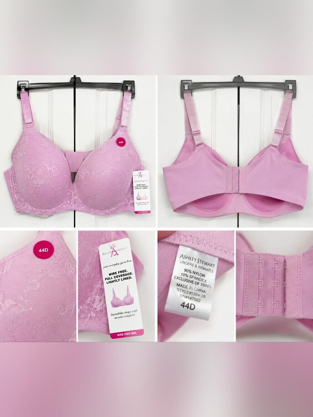 Ashley Stewart Wire Free Bra 44D Pink Lace Full Coverage Lightly Lined Comfort